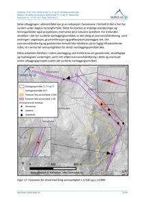 Kart over skredfarevurdering for et kartleggingsområde, med topografi, fareområder og skredtyper markert.