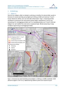 Kart over et skredfarerområde med topografiske linjer, traseer og farenivåer