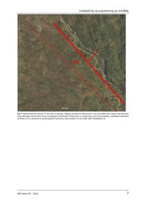 Ortofotobilde (satellittbilde) av et skogområde med overlagte røde linjer som viser planlagte eller tidligere forslag til stålveier.