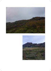 Fotografier av et terreng med en liten bygning i bakgrunnen.