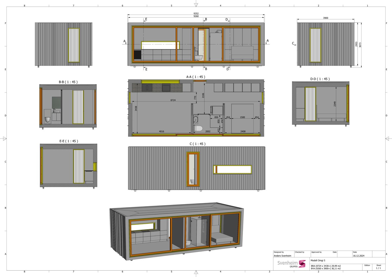 En 3D-visualisering (rendering) av en modulær bygning eller container. Bildet viser både et 3D-perspektiv av hele bygningen nederst, samt 2D-snitt (A-A, B-B, C-C, D-D, E-E) som viser romfordeling og innvendig utforming.