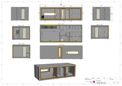 En 3D-visualisering (rendering) av en modulær bygning eller container. Bildet viser både et 3D-perspektiv av hele bygningen nederst, samt 2D-snitt (A-A, B-B, C-C, D-D, E-E) som viser romfordeling og innvendig utforming.