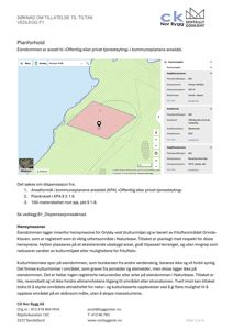Et digitalt kart som viser eiendommen (markert med et rødt polygon) i forhold til omgivelsene, inkludert kystlinje og nabolag. Kartet inneholder også en sidepanel med detaljer om arealformål og hensynsområder.