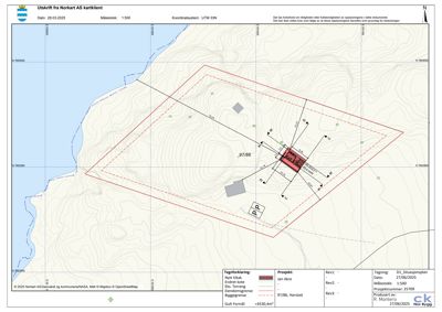Situasjonsplan som viser tomtens beliggenhet, topografi, bygninger og grenser.