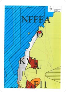 Kommunalt kart (situasjonsplan) som viser arealbruksinndeling (F11, KV1, NFFA) og kystlinje i Harstad kommune.