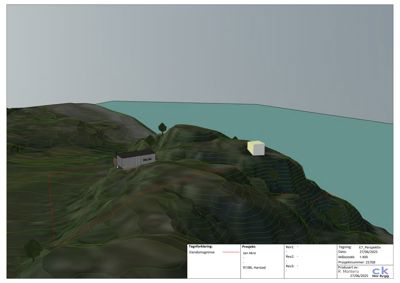 Situasjonsplan (3D-visualisering) som viser tomtens terrengform, eiendomsgrenser (røde linjer), eksisterende bygning og en planlagt bygning.