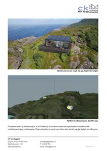 Et fotografi av en hytte plassert på et fjell, med en 3D-modell av samme plassering nedenfor.