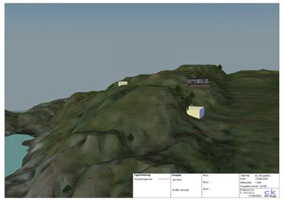 3D-visualisering (rendering) av et tomt med to bygninger på en kupert terrengform. Bildet viser topografi, eiendomsgrenser og plassering av bygninger.