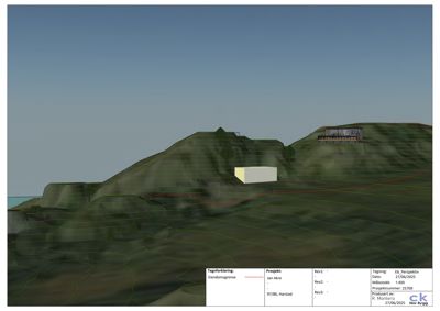 3D-visualisering (rendering) av et tomt med to bygninger plassert på en kupert terrengform. Bildet viser topografi, beplantning og bygningers plassering i forhold til hverandre.