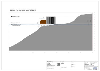Snittegning (profil) som viser terrengforhold, fylling, skjøring og bygningens plassering i forhold til nivåer (GESIMS, OK GULV, TERRENG).