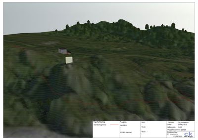 Situasjonsplan som viser bygningens plassering i forhold til eiendomsgrensen og terrenget.