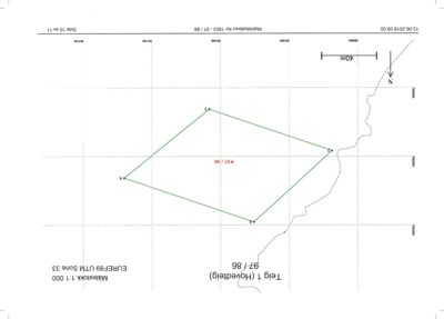 Situasjonsplan som viser eiendomsgrenser (Teig 1), en grønn polygon (sannsynligvis en bygning eller en del av eiendommen), og et nivå (+97,86).