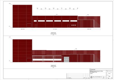 Bildet viser to fasadetegninger (opprikk) av en bygning sett fra vest. Den øverste tegningen viser fasade med nytt takbygg, mens den nedre viser eksisterende situasjon. Tegningene inneholder mål, høyder og detaljer om vinduer og dører.