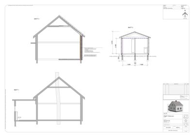 Bildet viser tre snittegninger (SNITT 1, SNITT 2, SNITT 3) av en bygning, som illustrerer tverrsnittet og konstruksjonen.