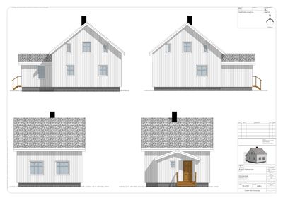 Fasadetegning som viser front- og sideveier av en bygning med vinduer, dører og tak.