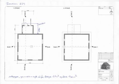 Etasjeplan for 1. og 2. etasje med romfordeling og snittlinjer.