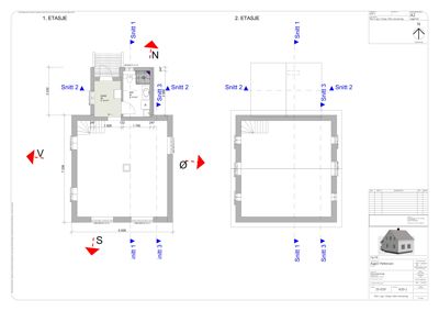 Etasjeplaner for 1. og 2. etasje med romfordeling, mål og snittlinjer.