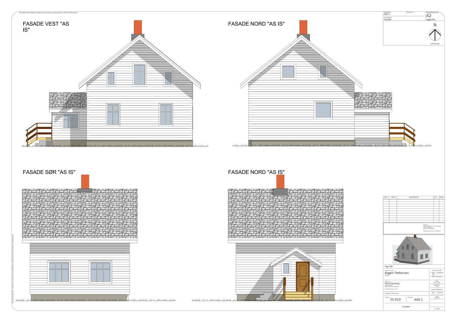 Bildet viser fire fasadetegninger av en bolig, merket som vest, nord, sør og nord.