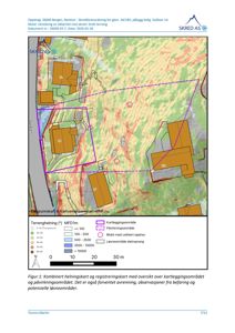 Kart over et område med overlagte data om terrengheining, kartleggingsområde og påvirkningsområde.