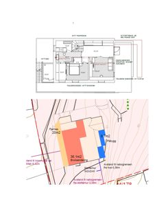 Bildet viser en situasjonsplan med farger som angir brukendring (rødt), fjerning (gult) og påbygg (blått), samt avstander til nabogrenser og eiendomsgranser.