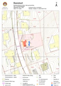 Et basiskart fra Bergen kommune som viser eiendomsgrenser, bygninger, høydekurver og infrastruktur for adressen Solåsen 14.