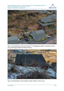 Bildet viser en fotografering av et hus med snø på bakken, tatt mot vest. Det er også inkludert en 3D-modellering over området i det øvre bildet.