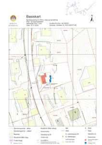 Et basiskart (situasjonskart) fra Bergen kommune som viser eiendomsgrenser, bygninger, høydekurver og infrastruktur for Solåsen 14.