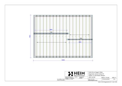 Detaljtegning av bjelkelagsplan (etg. 1) med dimensjoner og plassering av bjelker.