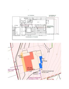 Bildet viser to tegninger: øverst en etasjeplan (floor plan) med romfordeling og areal, nederst en situasjonsplan (site plan) med tomtegrenser, nabogrenser og bruksareal.