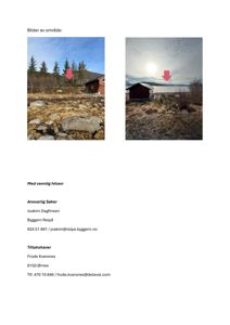 To foton av et byggeområde med en bygning og vann i bakgrunnen, med røde piler som peker på spesifikke punkter.