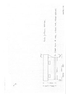 En håndtegnet fasadetegning som viser mål og detaljer for vindu og fasadeoverflate.