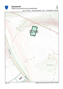 Kartutsnitt som viser et kart med høydekurver, en markert tomt (grønn rektangel) og en vei (Veghovedveien).