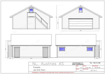 Fasadetegning som viser front- og sideutsikt av en bygning med mål og vindusoppsett.