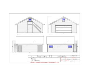 Fasadetegning som viser bygningens utsyn fra tre ulike vinkler (for, side og bak) med mål og detaljer.
