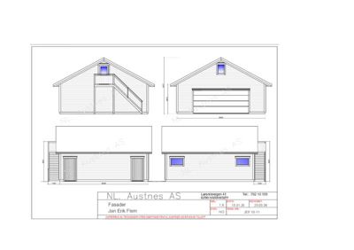 Fasadetegning som viser bygningens utsyn fra tre ulike vinkler (for, side og bak) med mål og detaljer.