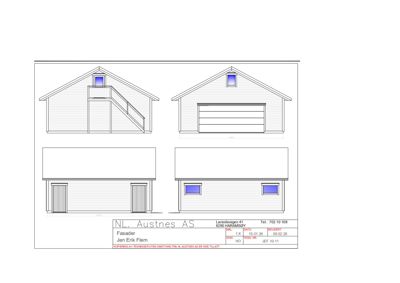 Fasadetegning som viser front- og sideopprikk av en bygning med vinduer og takform.