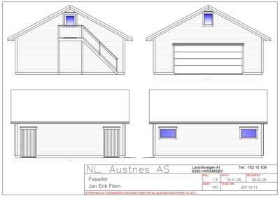 Fasadetegning som viser front- og sideutsikt av en bygning med vinduer og takform.