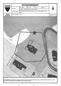 Situasjonskart fra Haram kommune som viser eiendomsnummer, adresse, topografi og naboeiendommer.