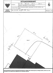 Situasjonskart som viser eiendomsgrenser, mål og eiendomsnummer.
