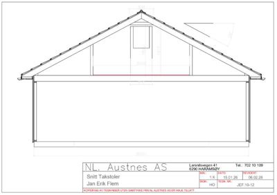 Snittegning av en bygning (takkonstruksjon og vegg) med mål og detaljer.