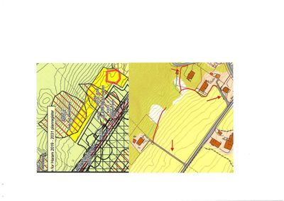 Bildet viser to kartutsnitt (situasjonsplaner) som illustrerer tomtens beliggenhet i forhold til nabolag, veier og topografi. Øverste del er et planregister med arealbruksinndeling, mens nederste del viser en mer detaljert situasjonskart med røde pil som peker på spesifikke punkter eller retninger.