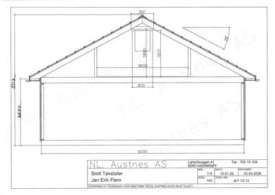 Snittegning som viser tverrsnittet av en takkonstruksjon med mål på takhøyde, takfot og takfotens vinkel.