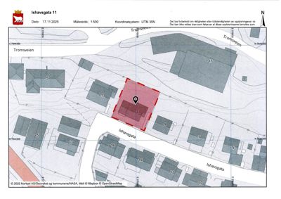 Situasjonsplan som viser tomtens plassering i forhold til nabolaget, gater (Ishavsgata, Tromsveien) og andre eiendommer.