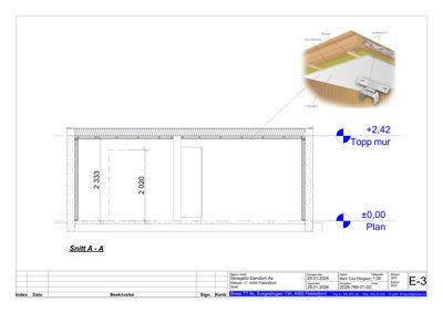 Snittegning (Snitt A-A) som viser bygningens tverrsnitt med høydemål og konstruksjonsdetaljer.