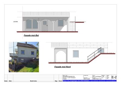 Bildet viser fasadetegninger for en bygning (Fasade mot Øst og Fasade mot Nord) samt et fotografi av den eksisterende fasaden.