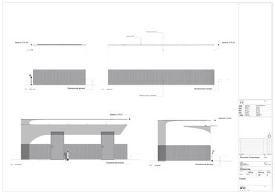Fasadetegning som viser utsiden av en bygning med detaljer om høyder og eksisterende terreng.