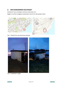 Bildet viser en side fra en byggesak som inneholder to fotografier av et murbygg (en pumpestasjon). Øverst er det en kartutsnitt som viser eiendommens plassering, og nederst er det to fasadebilder av bygget.
