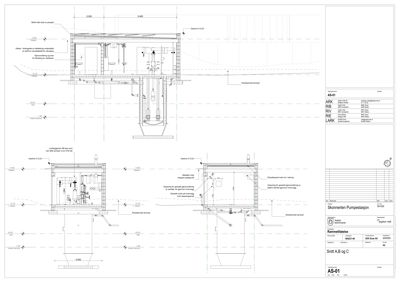 Snittegning av Skurmerket Pumpestasjon som viser innvendig konstruksjon og romfordeling.