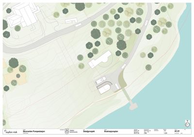 Illustrasjonsplan som viser bygningenes plassering i forhold til terrenget, veier og vannmasser.