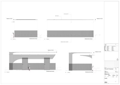 Fasadetegning som viser bygningens utseende fra utsiden, inkludert høyde og terrengforhold.